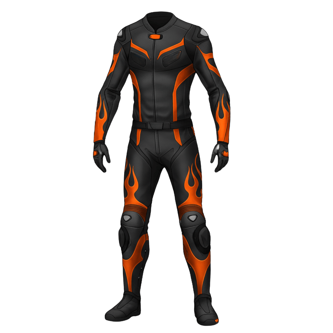 Black and orange motorcycle suit on a white background