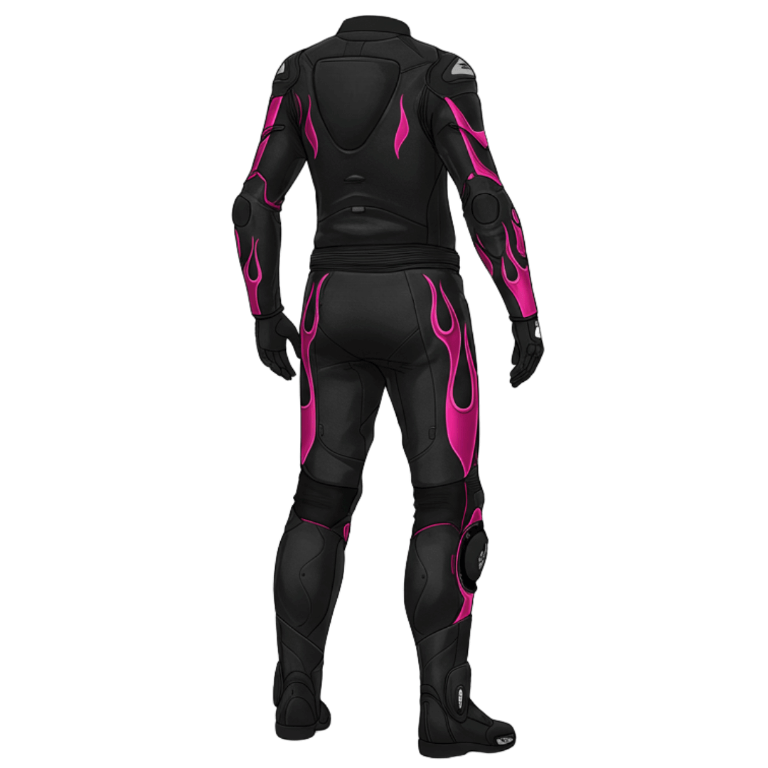 Black and pink motorcycle suit on a white background