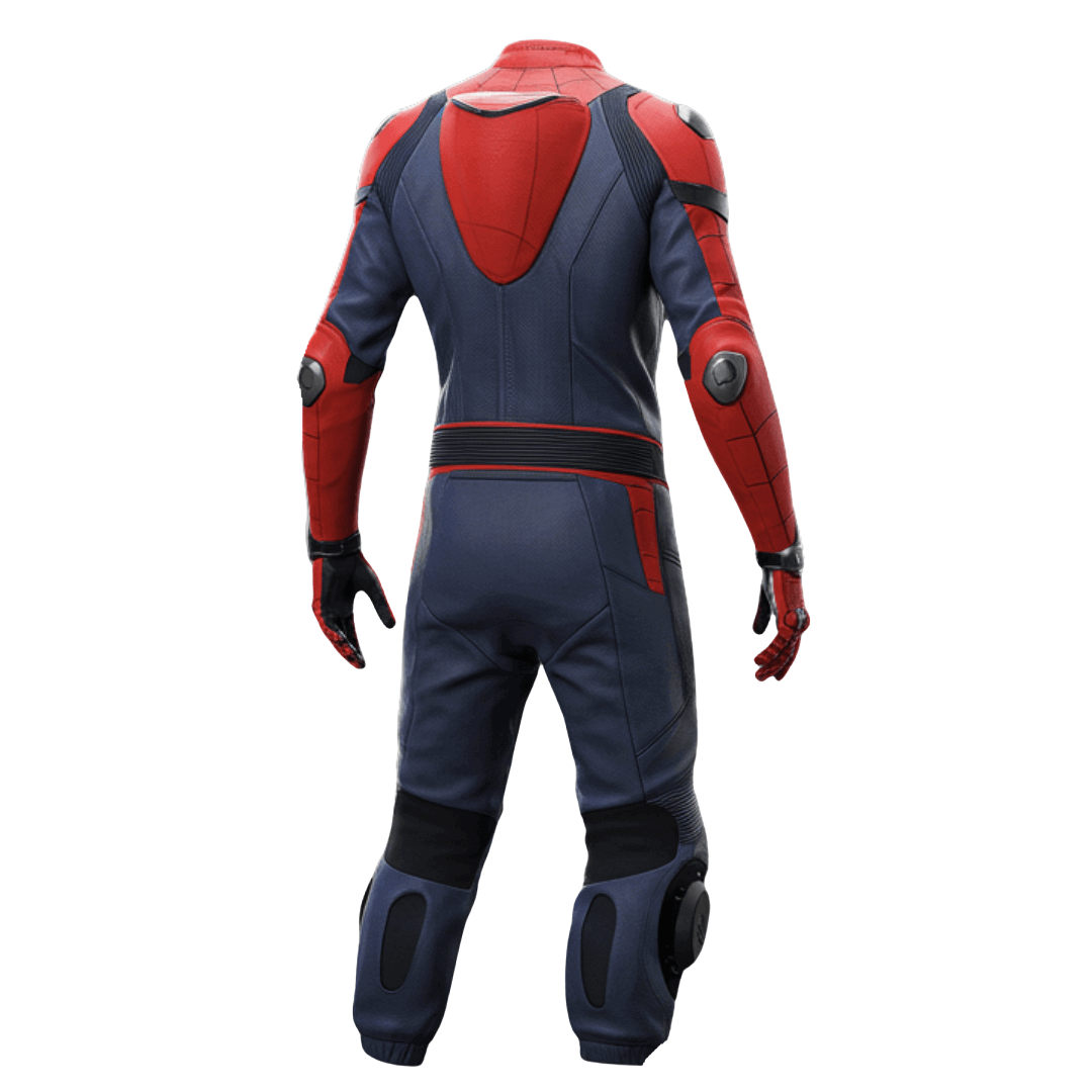 Red and blue motorcycle suit on a white background