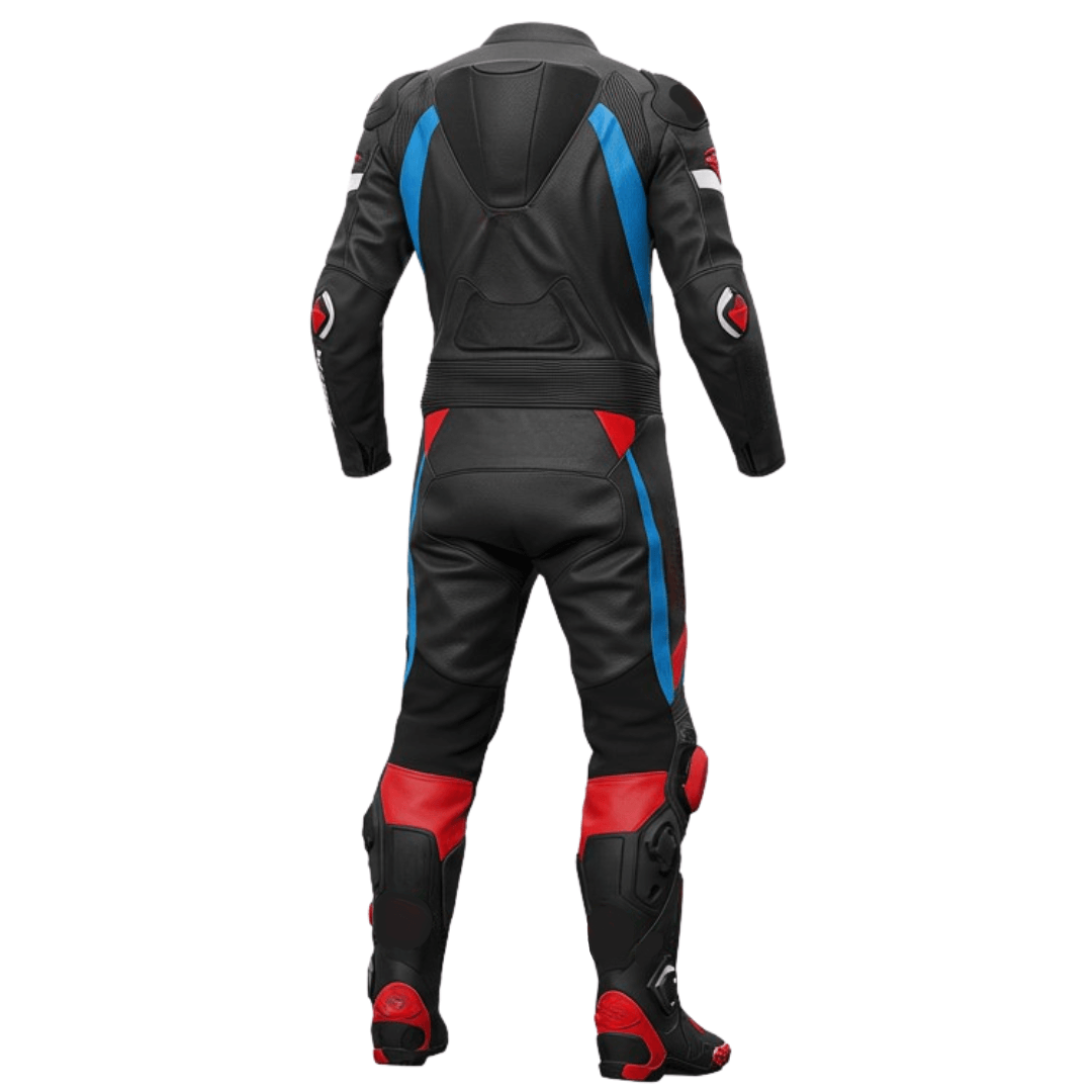 Black leather motorcycle suit with red and blue accents on a white background