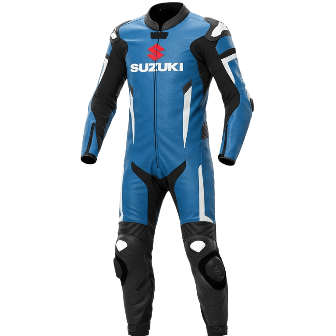 Suzuki leather racing motorcycle suit showing reinforced stitching, ergonomic design, and sporty racing style.