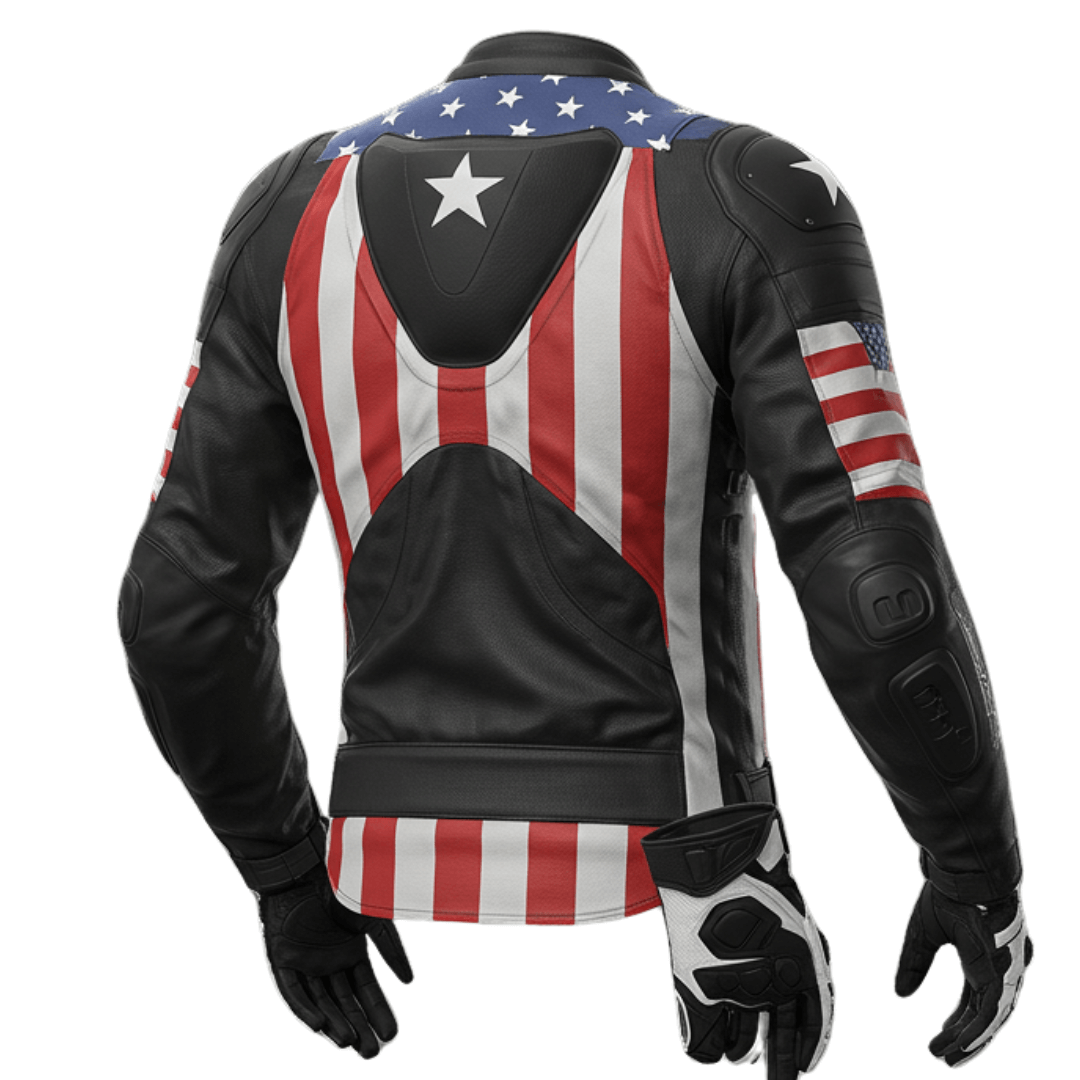 A high-quality leather motorcycle jacket with an American flag design, featuring stars on the chest, red and white stripes, black leather sleeves, and protective padding.