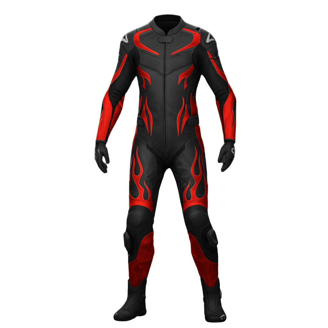 Black and red motorcycle suit on a white background