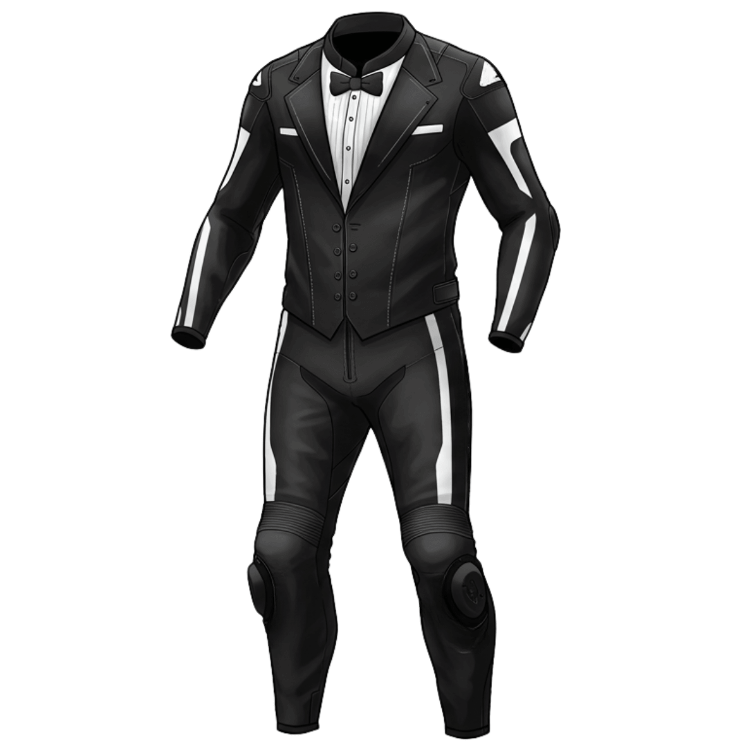 Black leather motorcycle suit with white accents on a white background