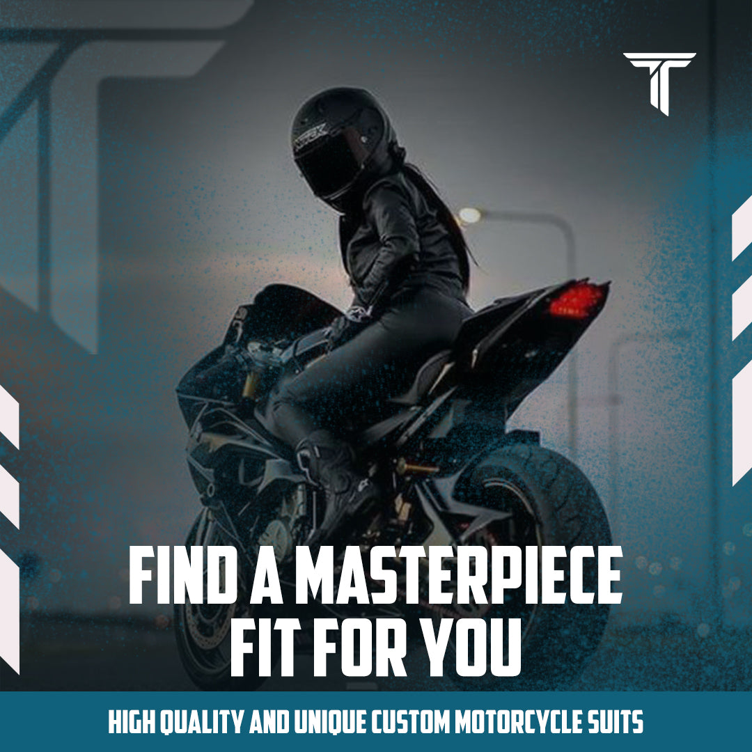 Women in motorcycle suits sit on bikes