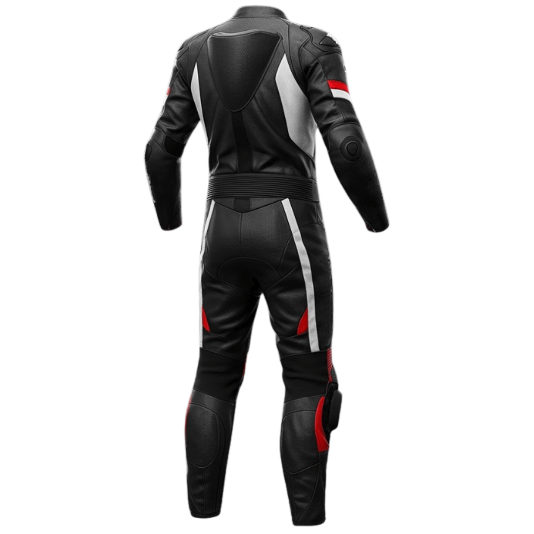 Black leather motorcycle suit with red and white accents on a white background