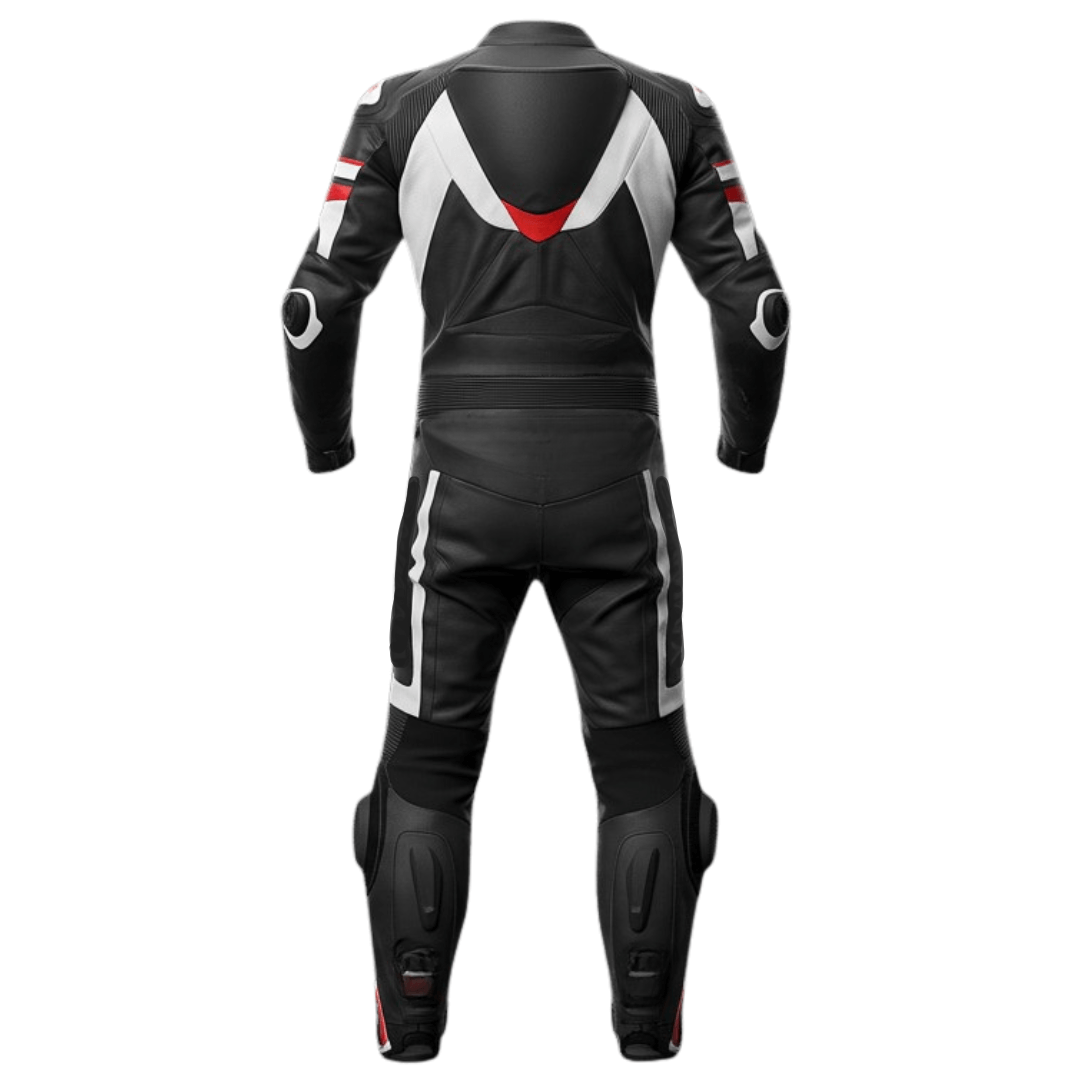 Black leather motorcycle suit with white and red accents on a white background