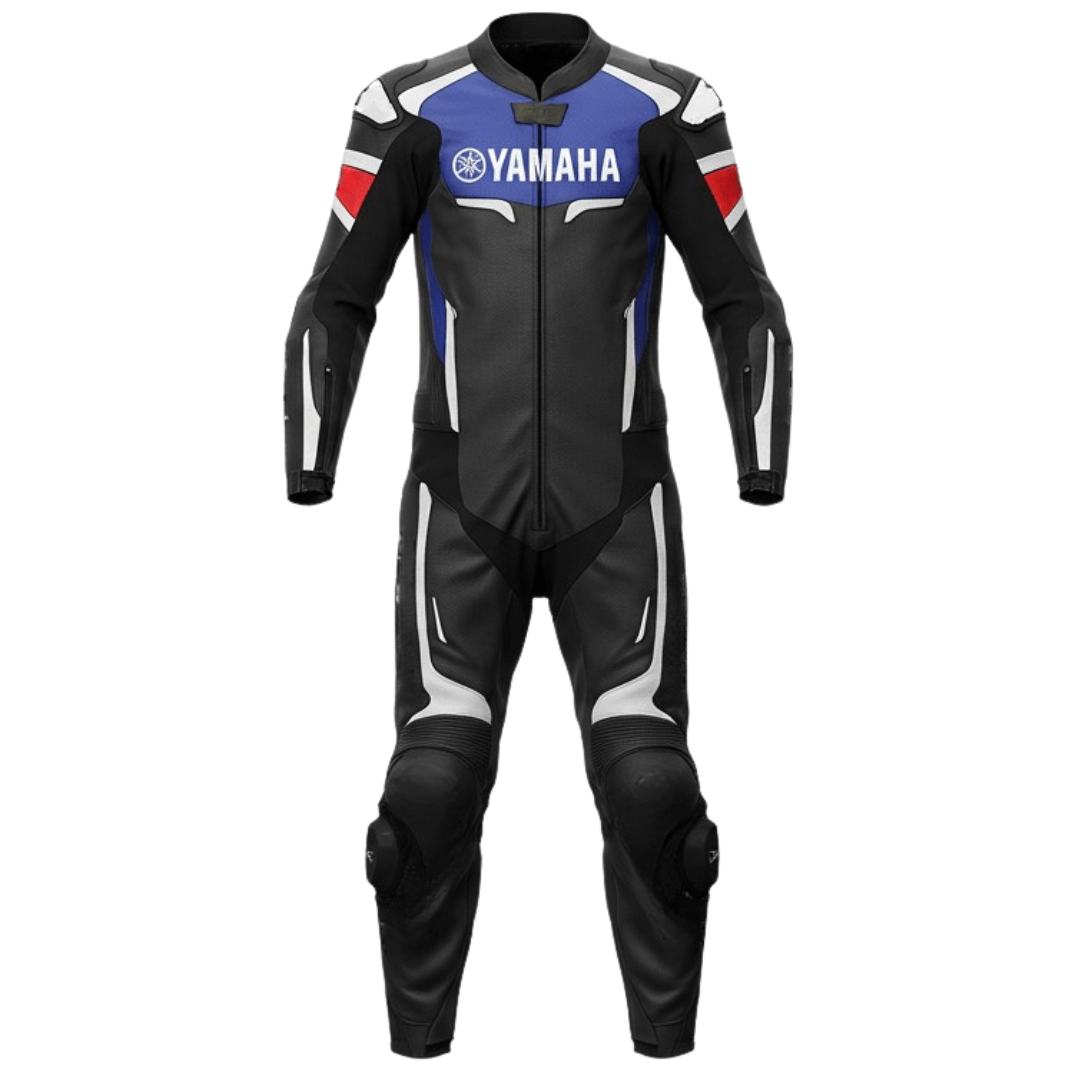 Motorcycle racing suit with Yamaha logo on a white background