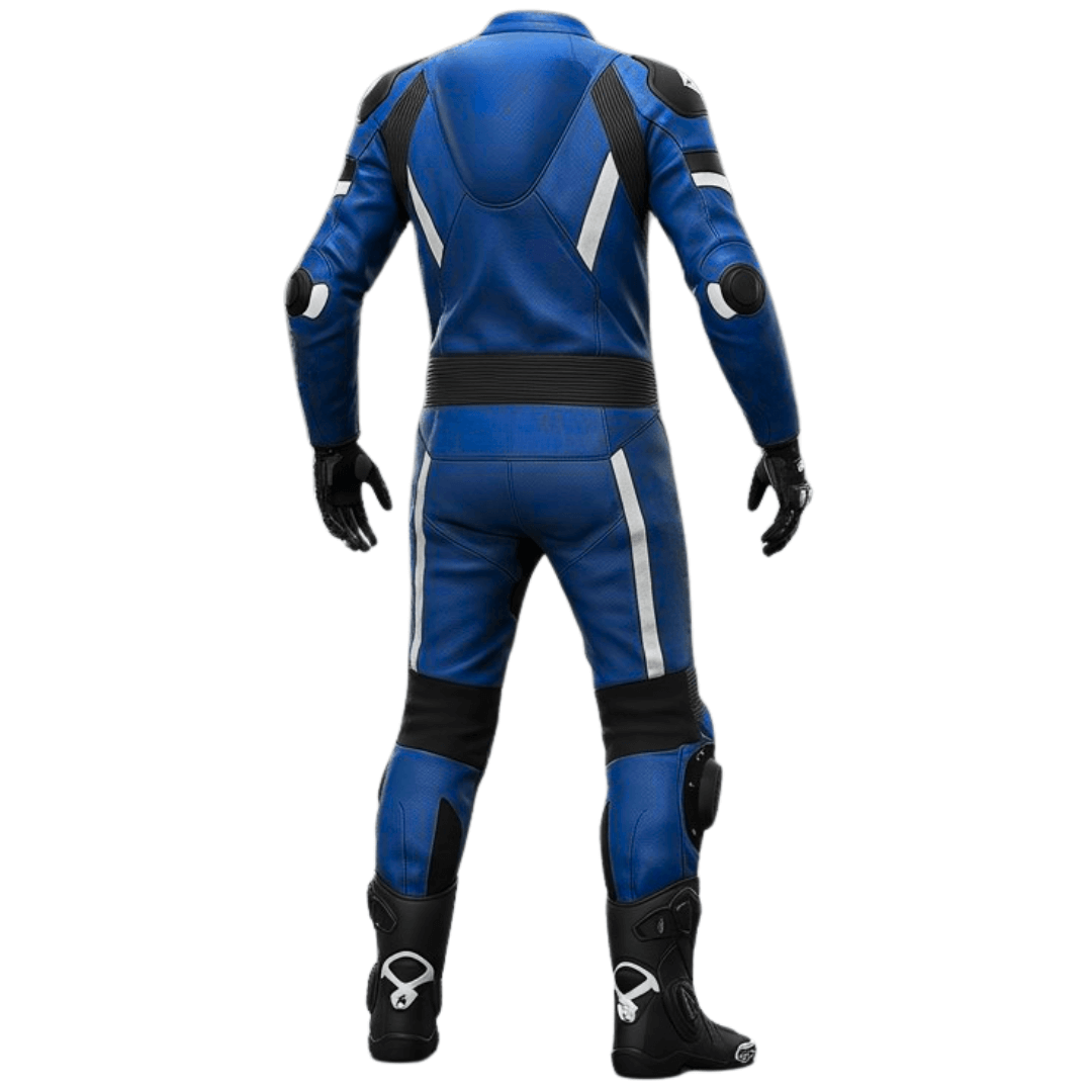 Blue motorcycle racing suit with black accents on a white background