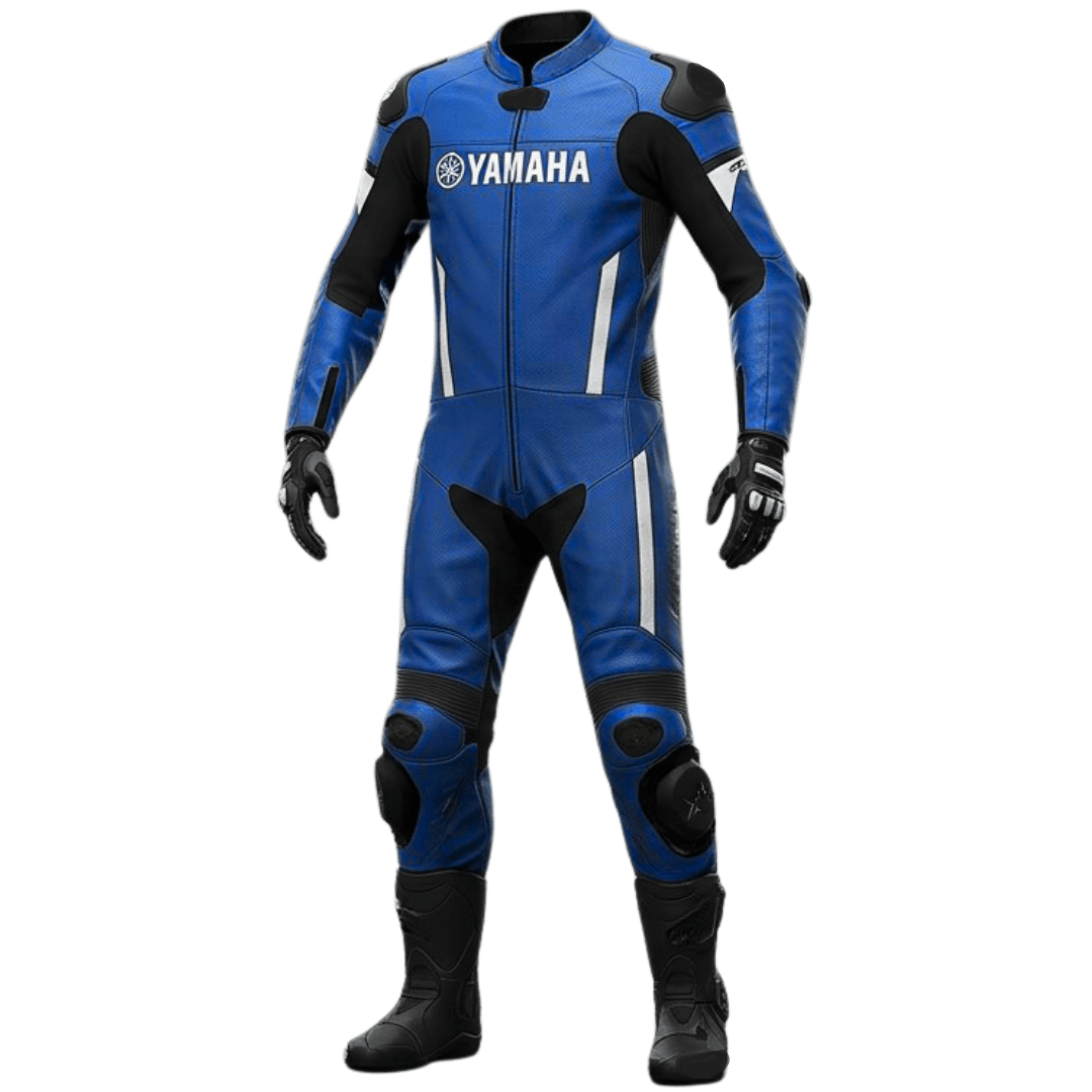 Blue motorcycle racing suit with Yamaha logo on a white background