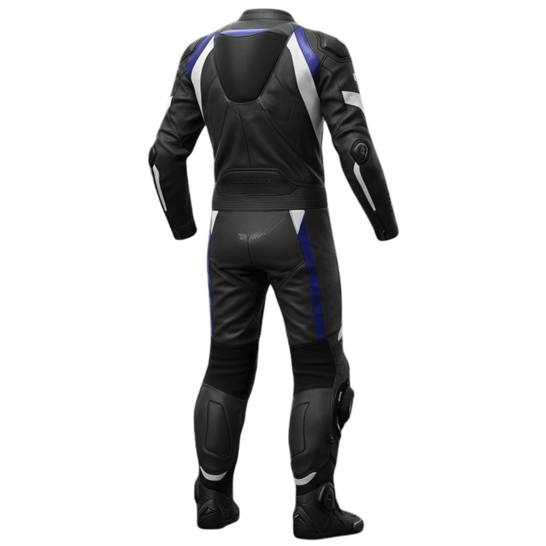 Black motorcycle leather suit with blue accents on a white background