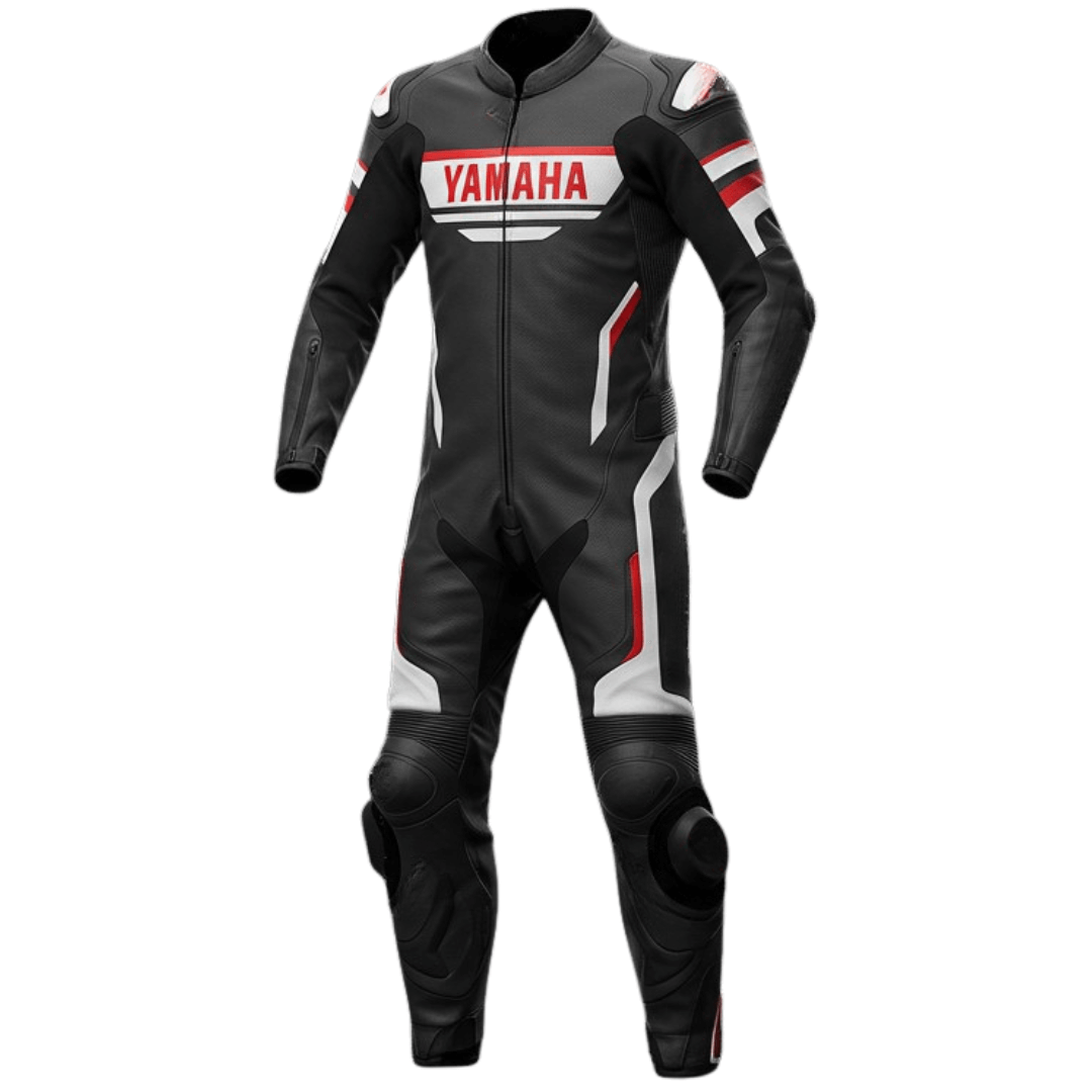 Black leather racing suit with Yamaha logo on a white background