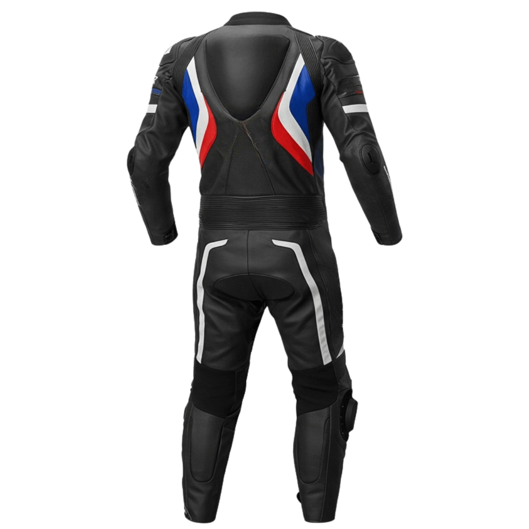 Black leather racing suit with red, white, and blue design on a white background