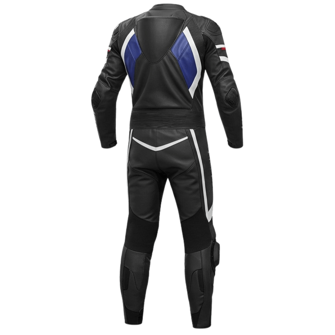 Black motorcycle leather suit with blue and white accents on a white background