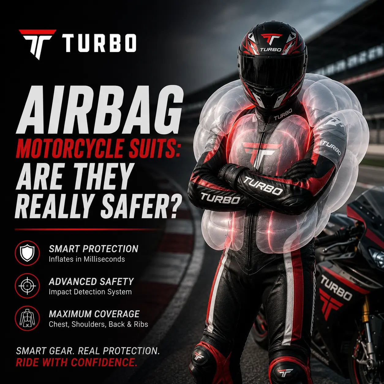 Rider in an airbag motorcycle suit with the inflatable system deployed around the shoulders, chest and upper back, shown over a leather race suit for crash protection.