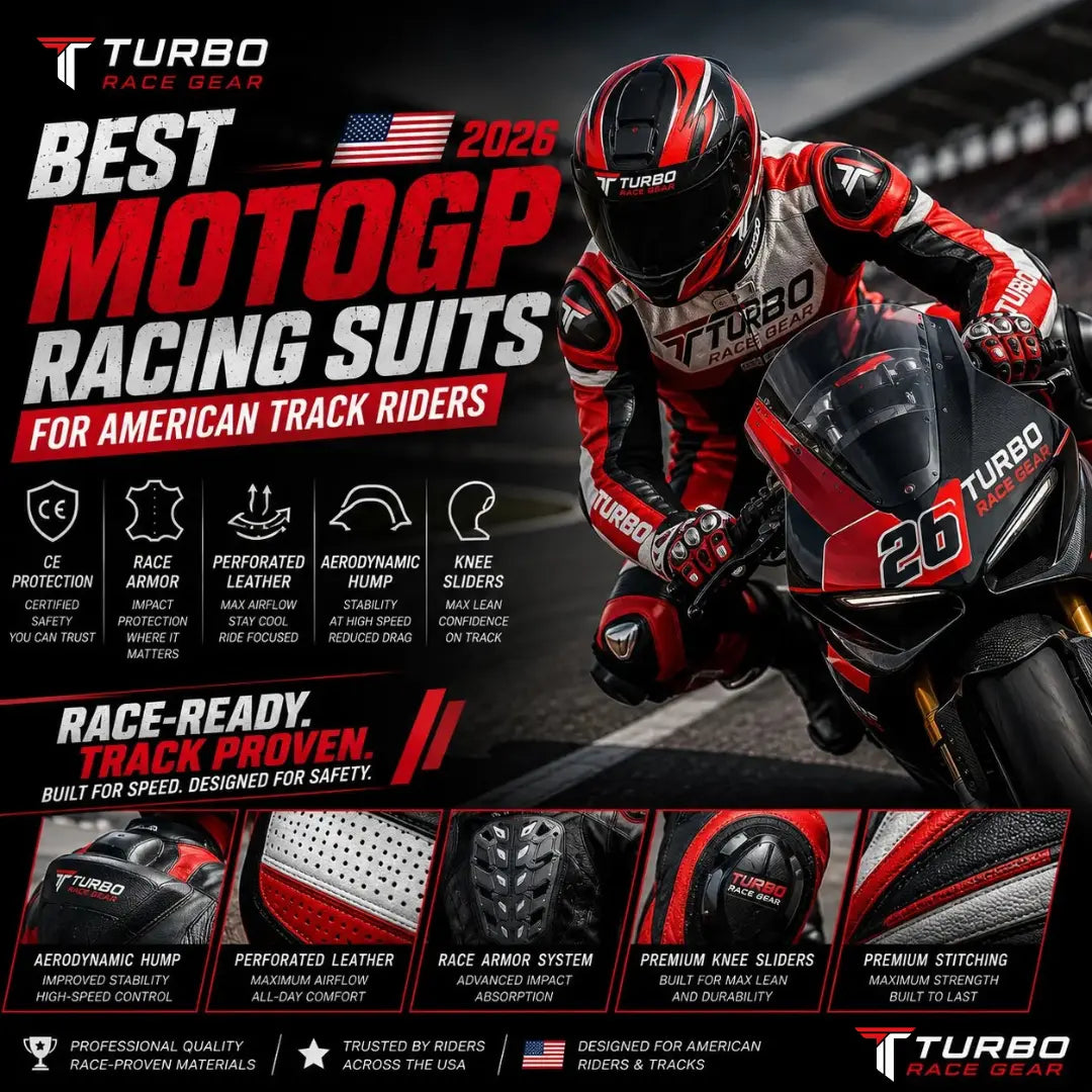 Best MotoGP racing suits for American track riders featuring premium Turbo Race Gear leather motorcycle racing suit with CE armor, aerodynamic hump, and race-ready protection.