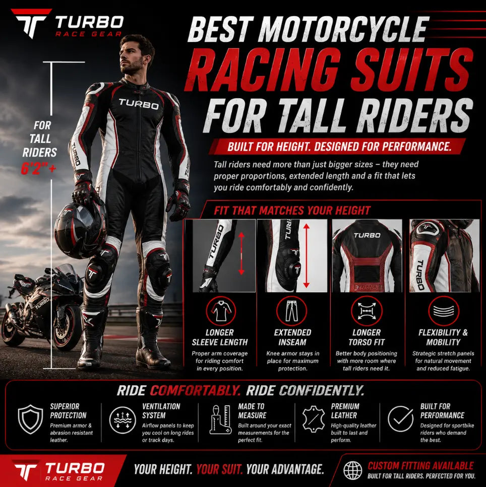  Tall motorcycle rider wearing a custom-fitted leather racing suit with extended sleeves and inseam, demonstrating ergonomic comfort, proper armor alignment, and enhanced mobility for sportbike riding.