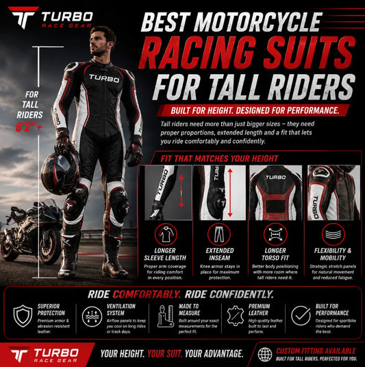  Tall motorcycle rider wearing a custom-fitted leather racing suit with extended sleeves and inseam, demonstrating ergonomic comfort, proper armor alignment, and enhanced mobility for sportbike riding.