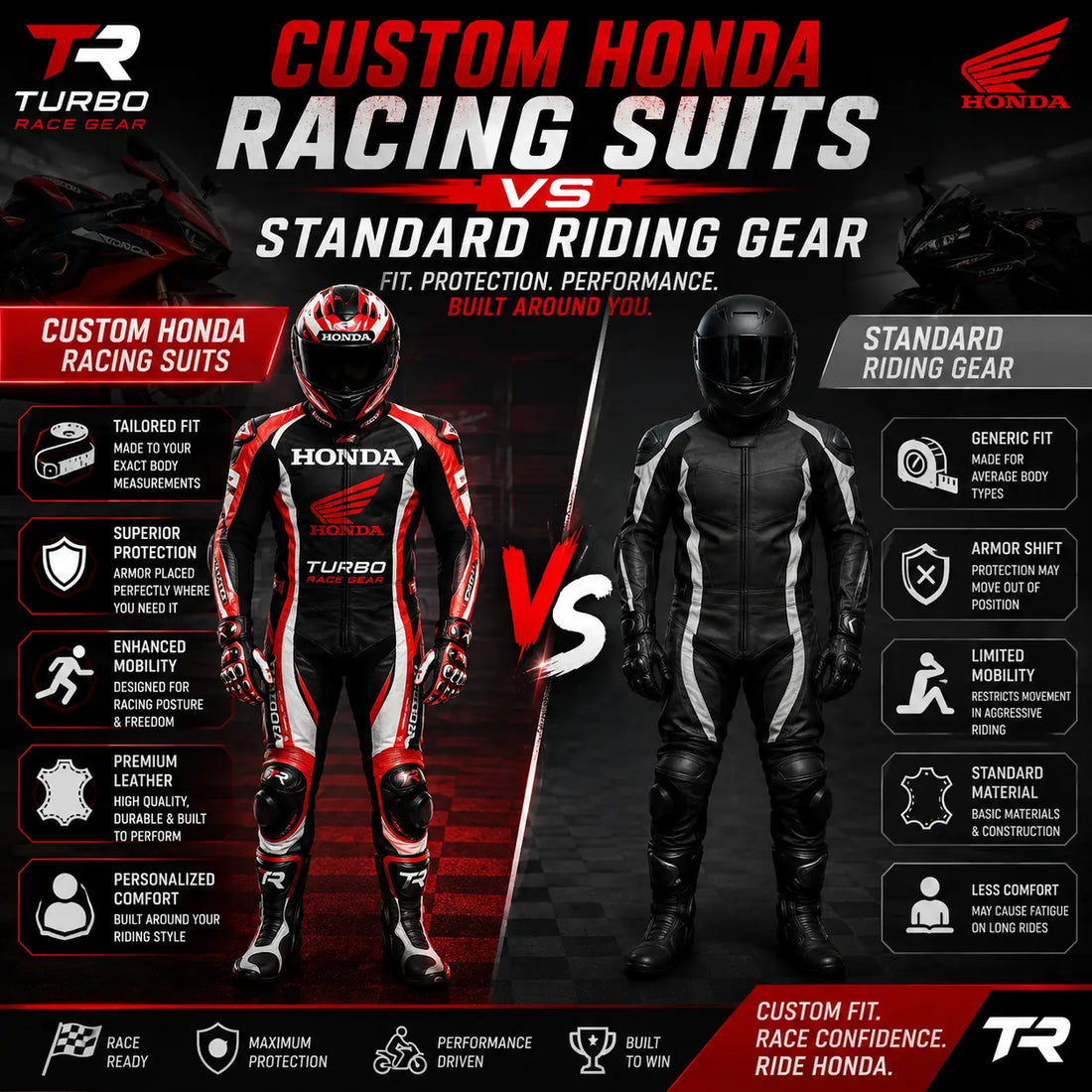 Side-by-side comparison of a custom-tailored Honda race suit and an off-the-rack standard riding suit, highlighting the difference in fit and armor alignment.