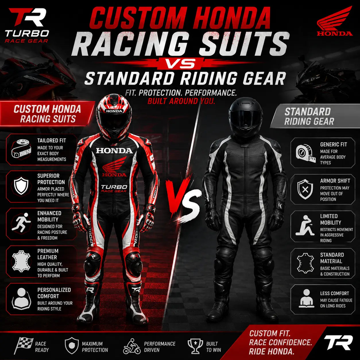 Side-by-side comparison of a custom-tailored Honda race suit and an off-the-rack standard riding suit, highlighting the difference in fit and armor alignment.