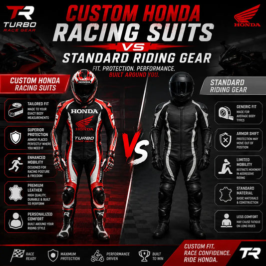 Side-by-side comparison of a custom-tailored Honda race suit and an off-the-rack standard riding suit, highlighting the difference in fit and armor alignment.