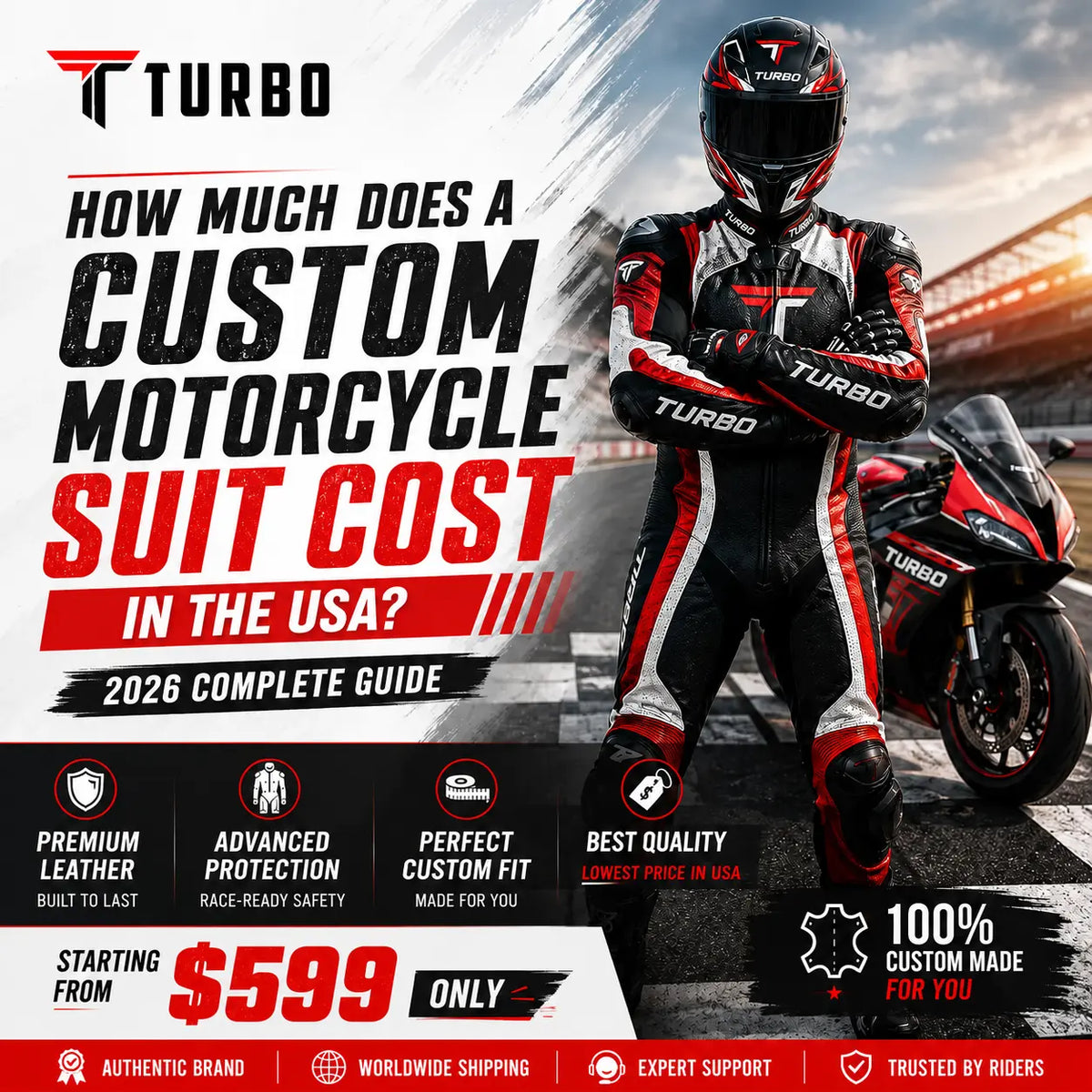 Custom motorcycle suit cost in USA by Turbo Race Gear featuring premium leather racing suit with advanced protection and made-to-measure fit starting from $599.