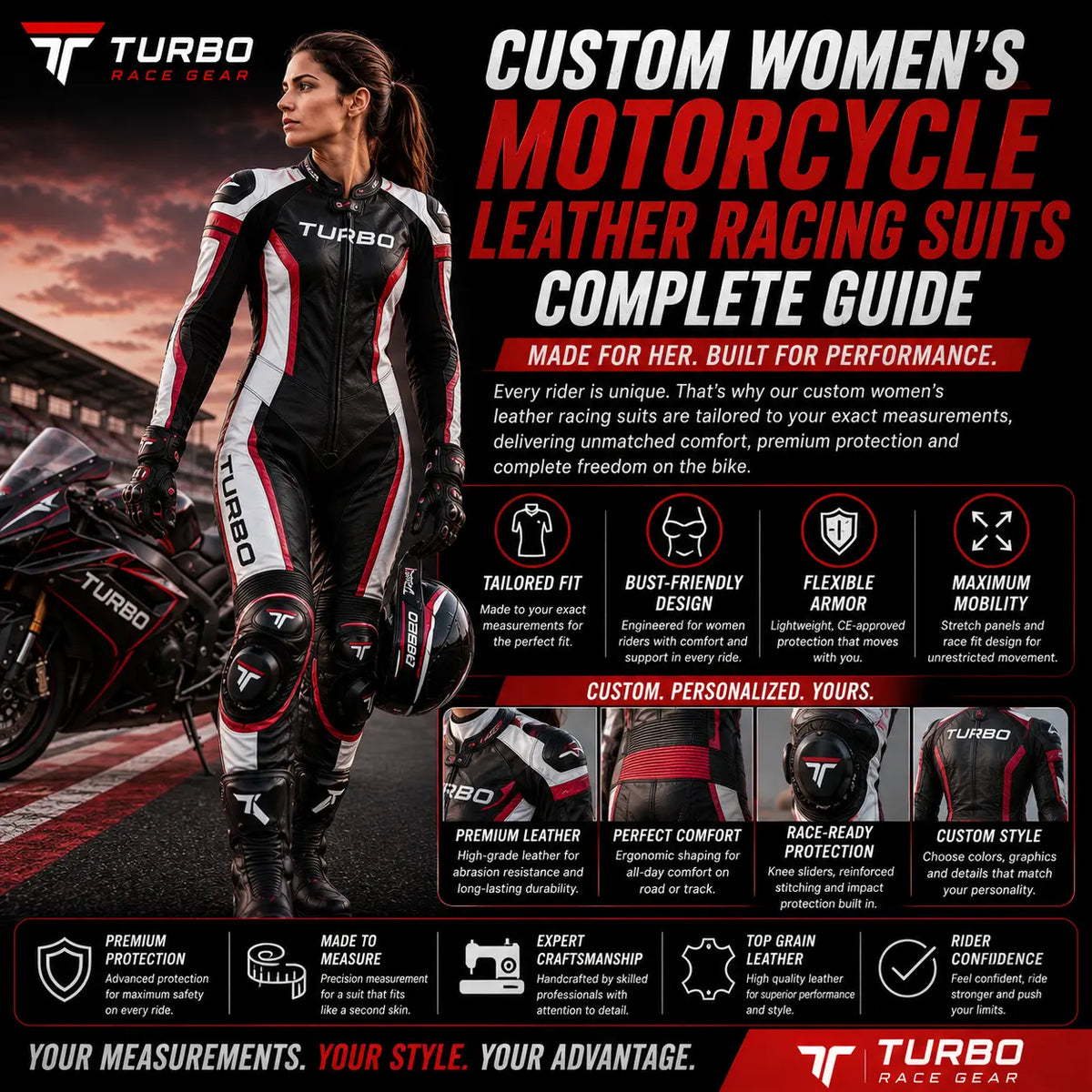  Woman rider in a custom-fitted leather motorcycle racing suit with CE armor at the shoulders, elbows, knees and hips, tucked in a cornering posture on track. 