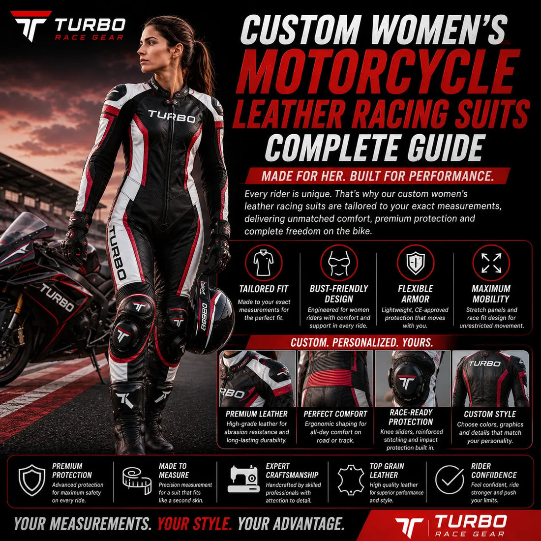 Custom women’s motorcycle racing suit with tailored fit, premium leather protection, flexible armor, and ergonomic comfort for performance riding