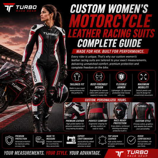 Custom women’s motorcycle racing suit with tailored fit, premium leather protection, flexible armor, and ergonomic comfort for performance riding