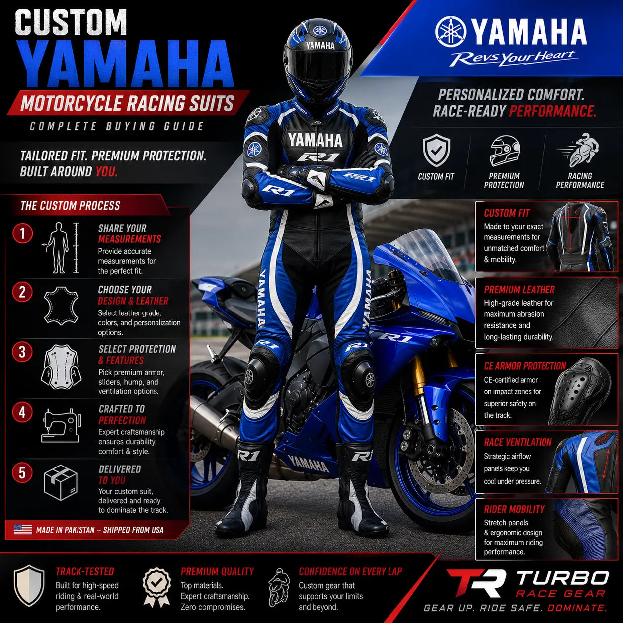 A custom Yamaha leather racing suit laid out with a measuring tape, showing the measurement points, CE armor pockets and one-piece construction used in a made-to-measure order.