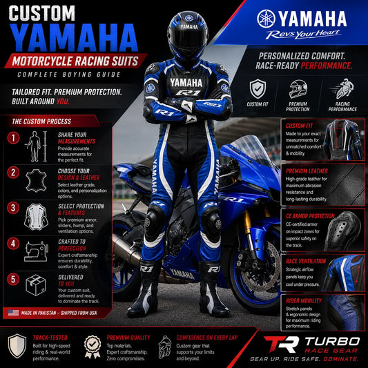 A custom Yamaha leather racing suit laid out with a measuring tape, showing the measurement points, CE armor pockets and one-piece construction used in a made-to-measure order.