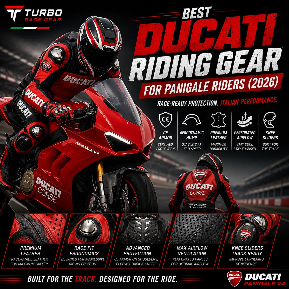 Ducati riding gear featuring a leather race suit, CE protection, aerodynamic fit, and premium comfort for Panigale sportbike riders.