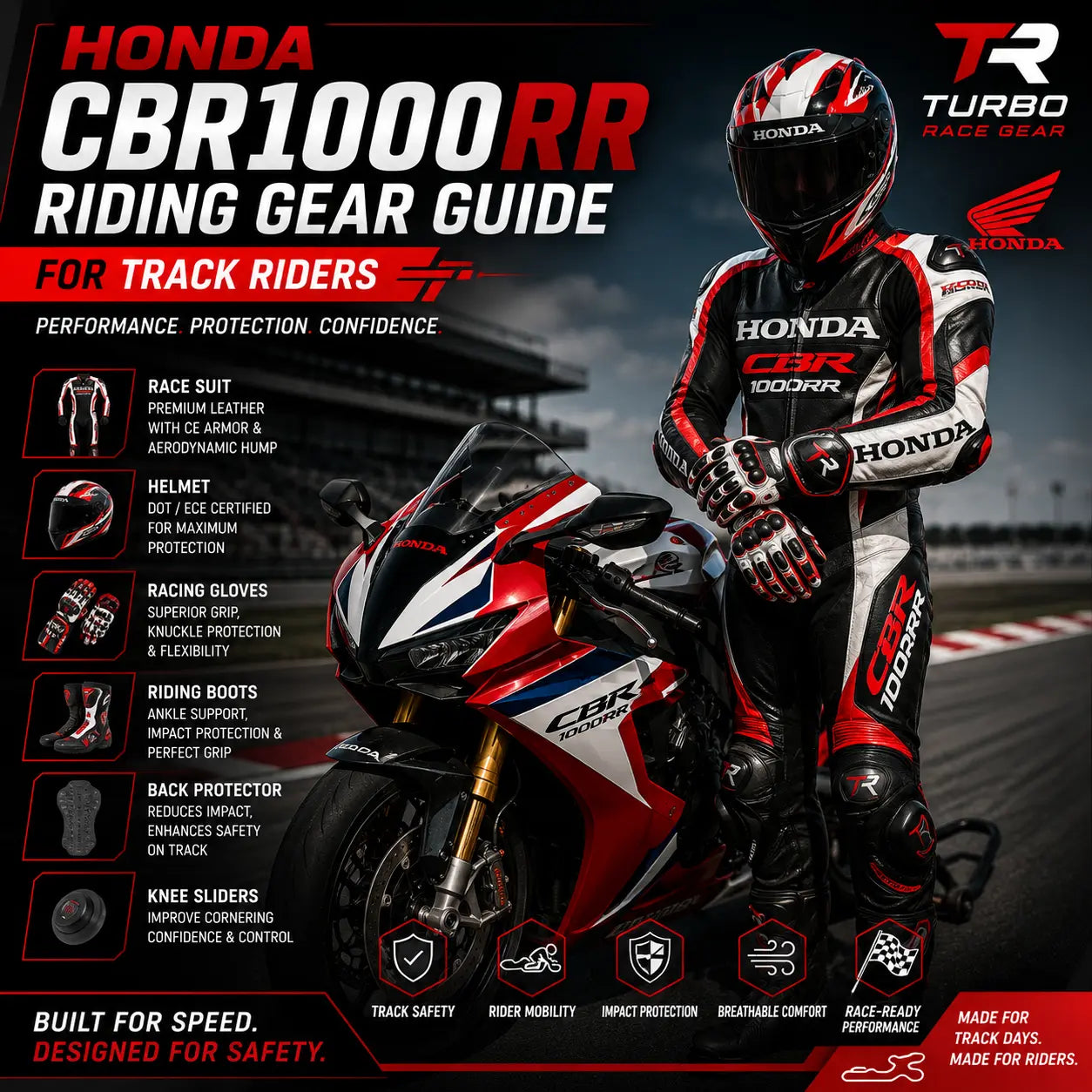 Rider on a Honda CBR1000RR-R Fireblade in full track gear, tucked in an aggressive race posture with a one-piece leather suit, gauntlet gloves and knee sliders down mid-corner.
