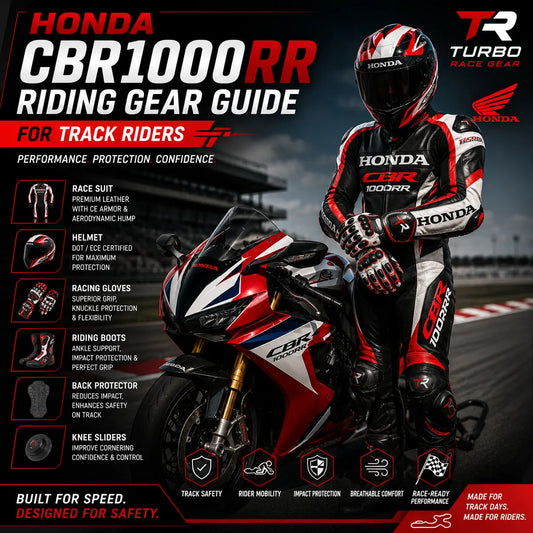 Rider on a Honda CBR1000RR-R Fireblade in full track gear, tucked in an aggressive race posture with a one-piece leather suit, gauntlet gloves and knee sliders down mid-corner.
