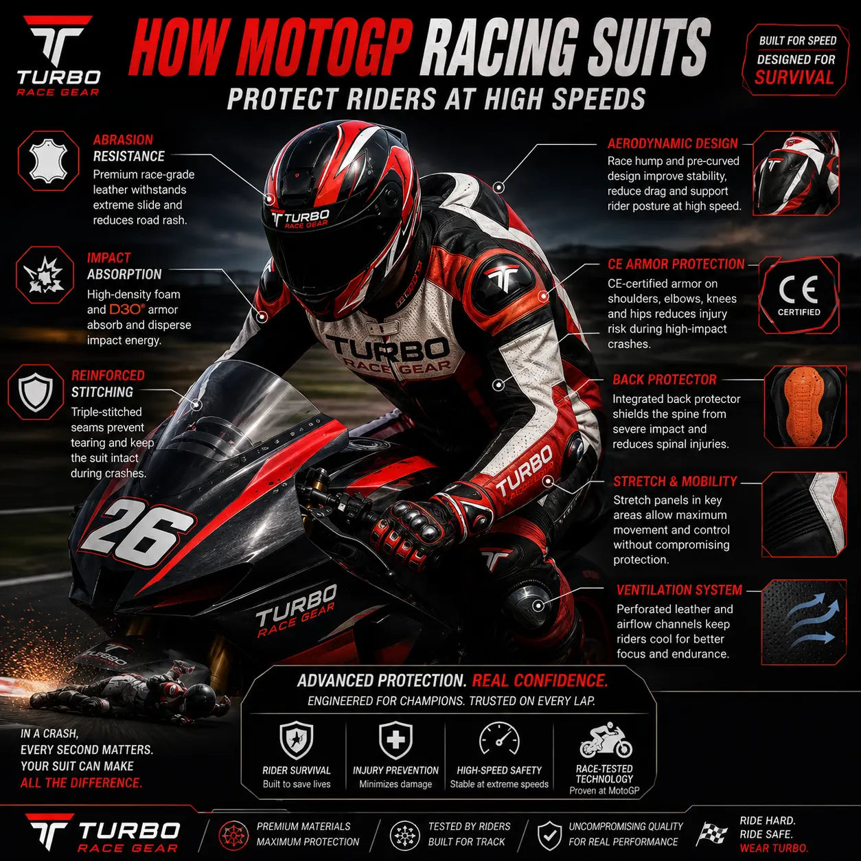 Cutaway of a MotoGP racing suit showing its protection layers: race-grade leather, CE armor at shoulders, elbows, knees and hips, a spine protector and an aerodynamic hump
