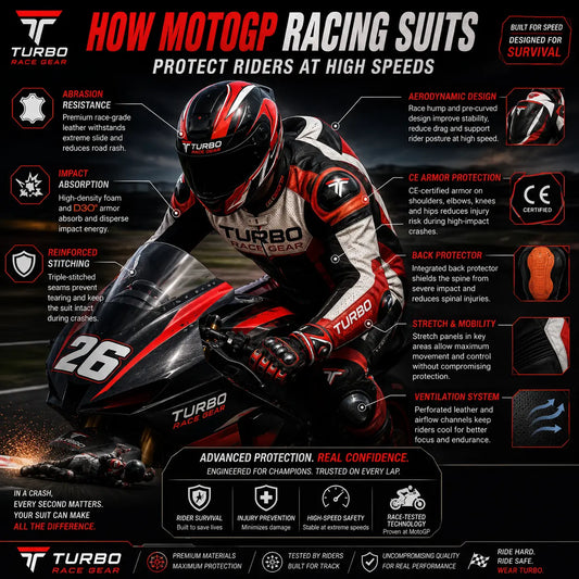 Cutaway of a MotoGP racing suit showing its protection layers: race-grade leather, CE armor at shoulders, elbows, knees and hips, a spine protector and an aerodynamic hump