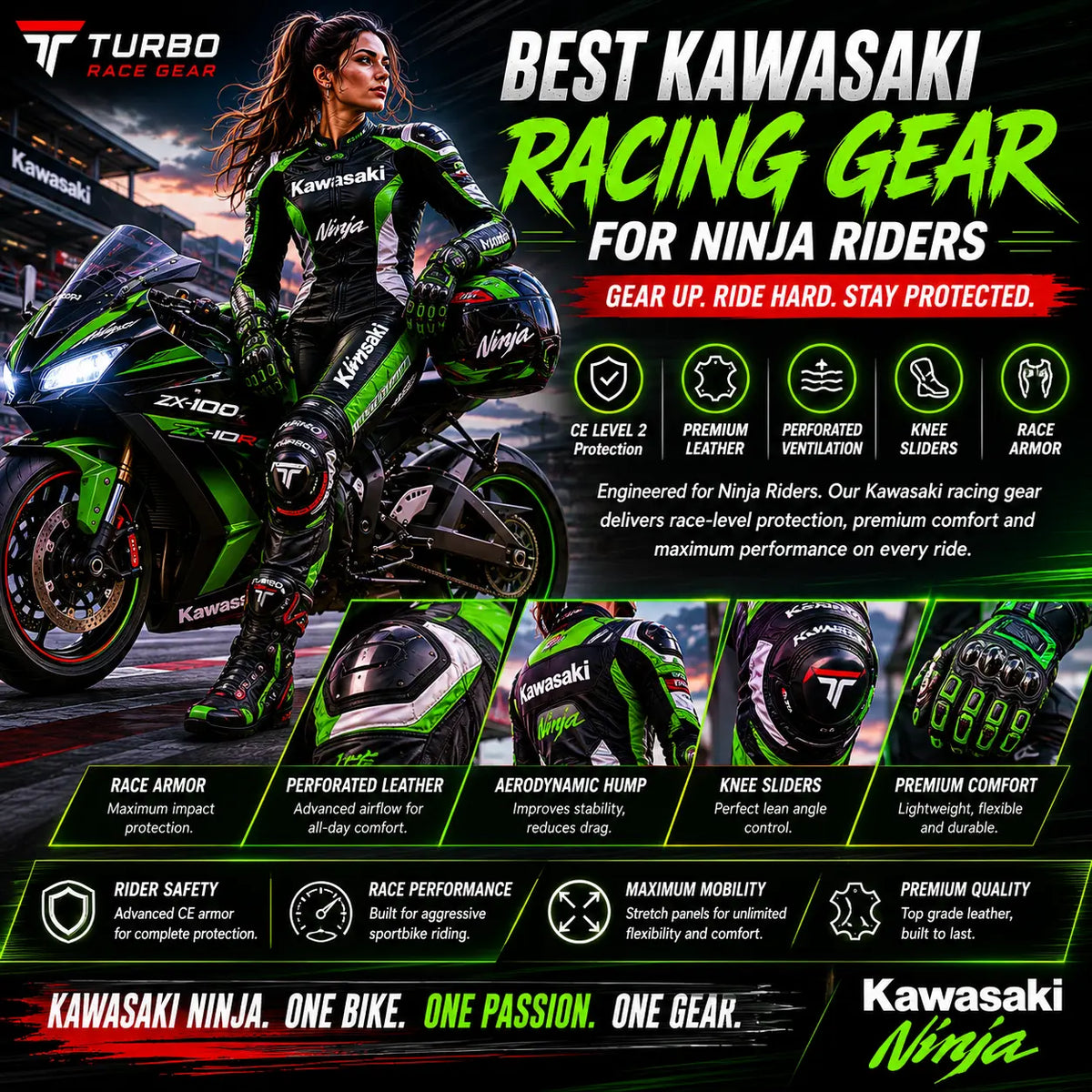  Kawasaki Ninja racing gear featuring a leather race suit, CE protection, aerodynamic fit, and premium comfort for sportbike riders
