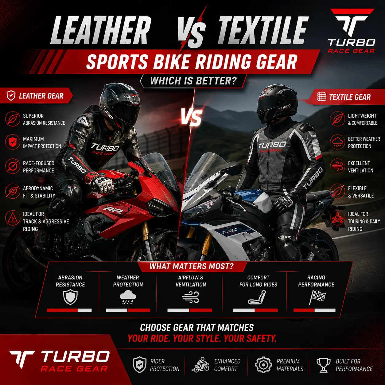 Side-by-side comparison of a leather sportbike race suit and a textile touring suit, showing the difference between race-focused abrasion protection and all-weather versatility. 