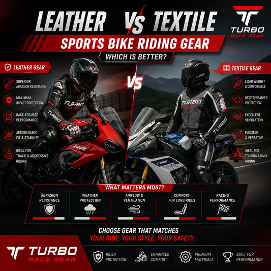 Side-by-side comparison of a leather sportbike race suit and a textile touring suit, showing the difference between race-focused abrasion protection and all-weather versatility. 