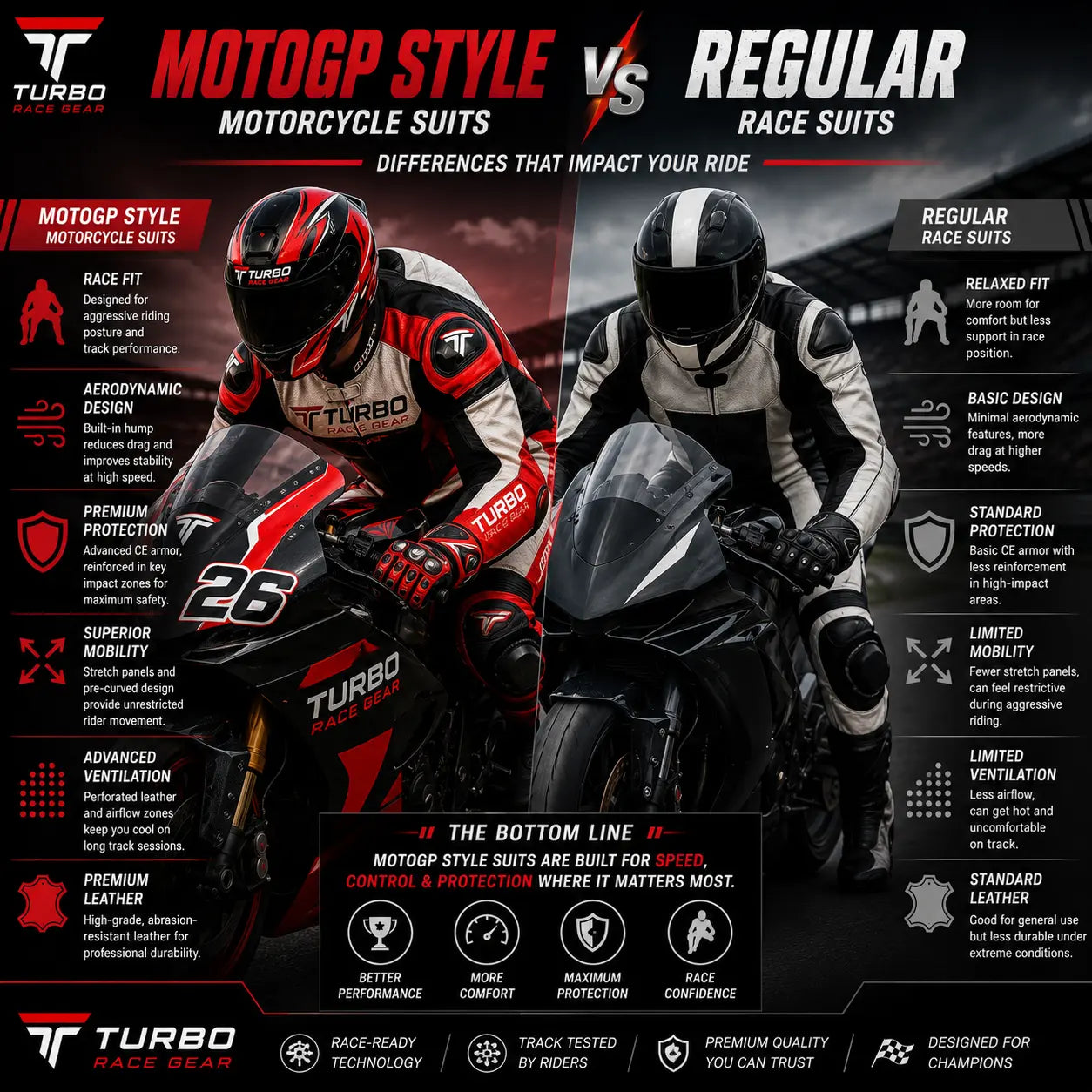 Side-by-side comparison of a MotoGP-style motorcycle race suit with aerodynamic hump and a regular leather race suit, showing differences in fit and race posture.