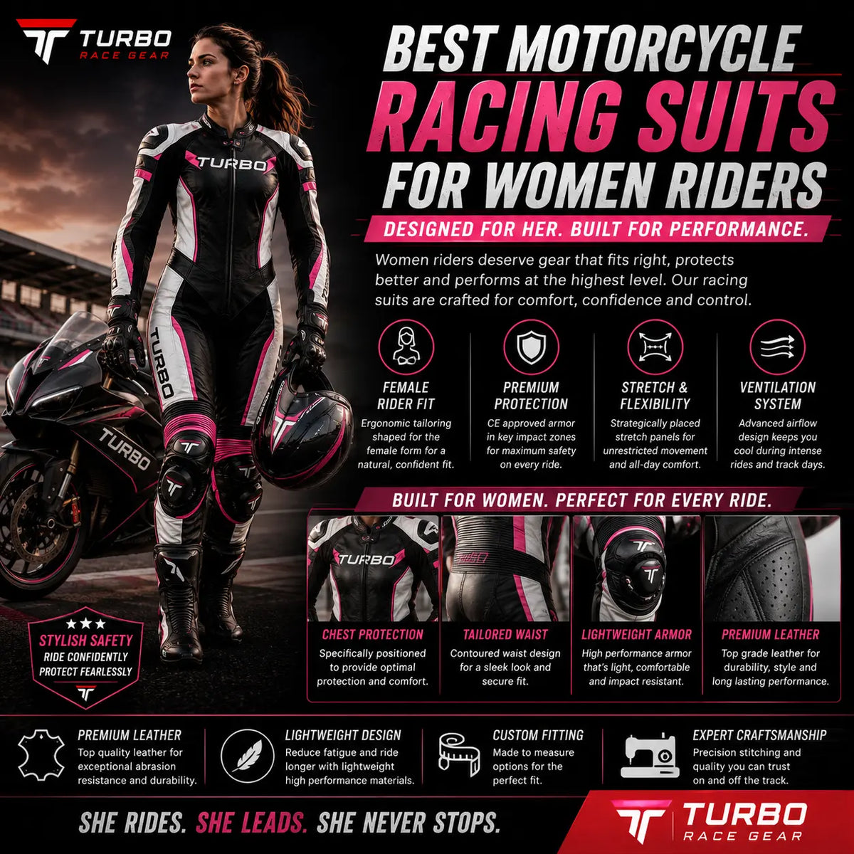 Women's motorcycle racing suit with ergonomic design, lightweight protection, and flexible comfort for sportbike and track riders.