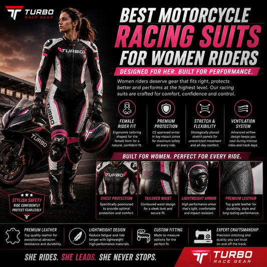 Women's motorcycle racing suit with ergonomic design, lightweight protection, and flexible comfort for sportbike and track riders.