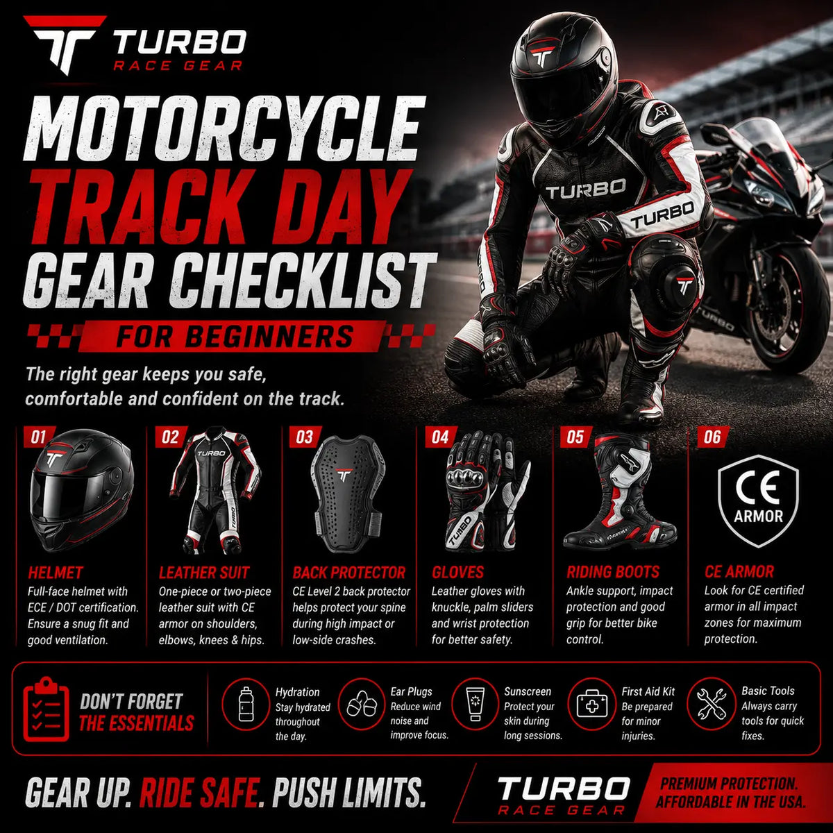 Beginner motorcycle rider in full track day gear (full-face helmet, one-piece leather suit, gauntlet gloves, track boots and back protector) walking toward the pit lane before a session.