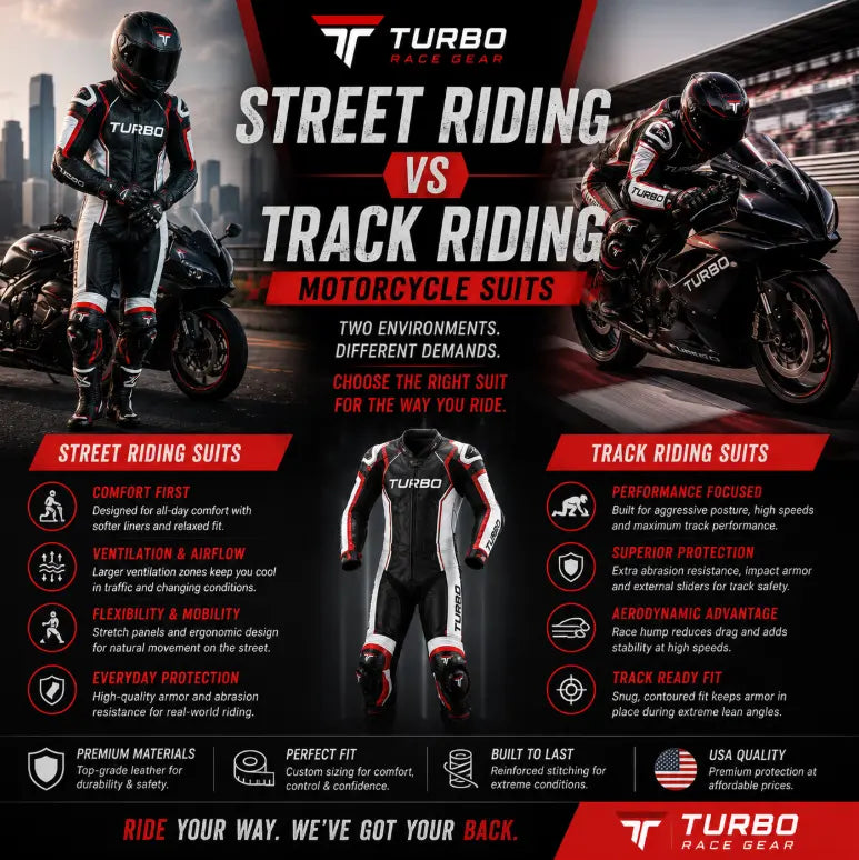  Comparison of a street motorcycle suit and a track racing suit, highlighting differences in comfort, ventilation, aerodynamic fit, protection, and performance for sportbike riders.