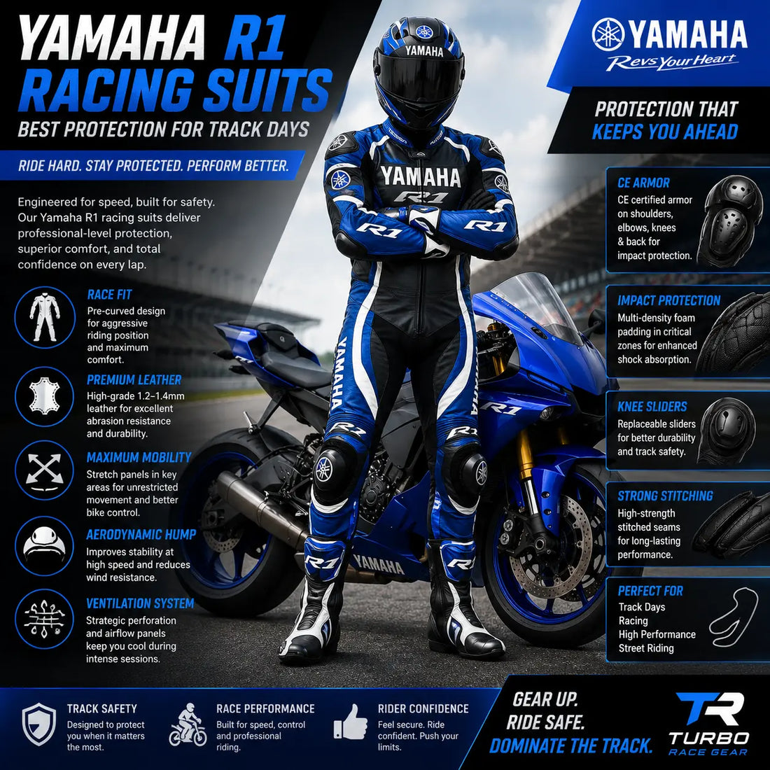  Rider on a Yamaha YZF-R1 in full track gear, tucked in an aggressive M1-style race posture with a one-piece leather suit, aero hump and knee down mid-corner.