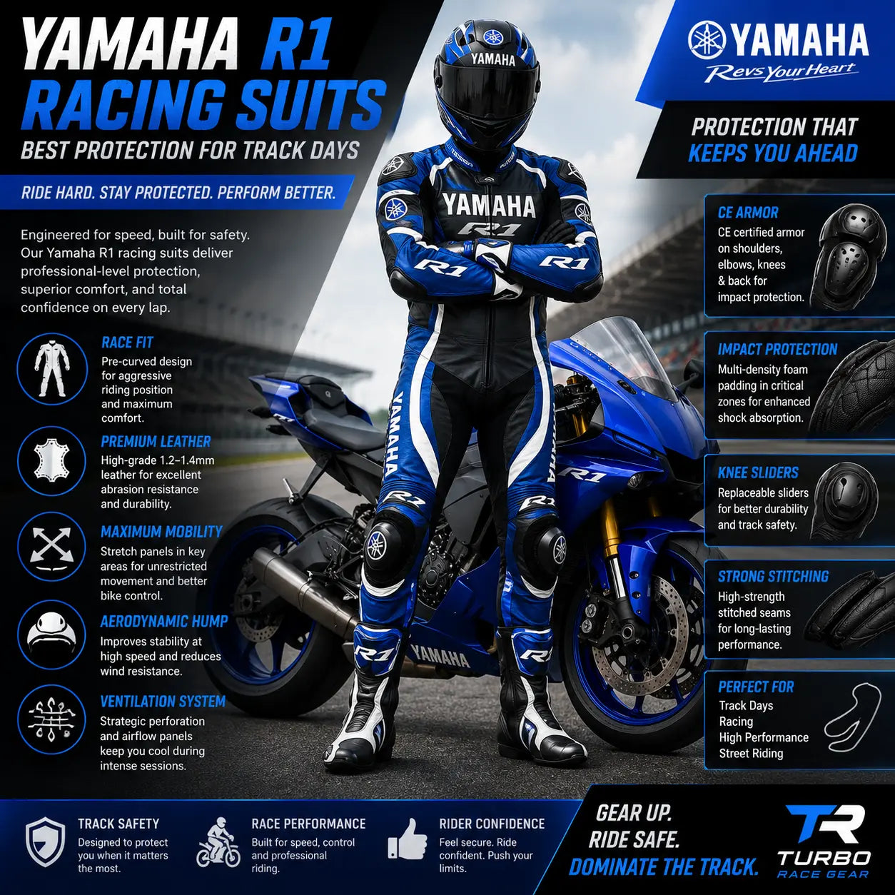  Rider on a Yamaha YZF-R1 in full track gear, tucked in an aggressive M1-style race posture with a one-piece leather suit, aero hump and knee down mid-corner.
