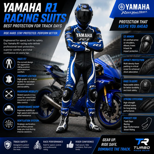  Rider on a Yamaha YZF-R1 in full track gear, tucked in an aggressive M1-style race posture with a one-piece leather suit, aero hump and knee down mid-corner.
