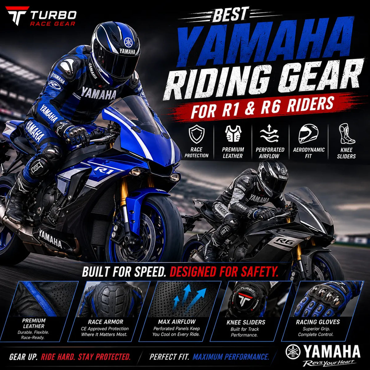  Yamaha riding gear featuring a leather race suit, CE protection, aerodynamic fit, and premium comfort for R1 and R6 supersport riders
