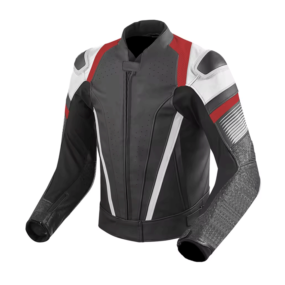 A black motorcycle leather jacket with red and gray accents, featuring a standing collar, long sleeves with armor, and a front zipper.