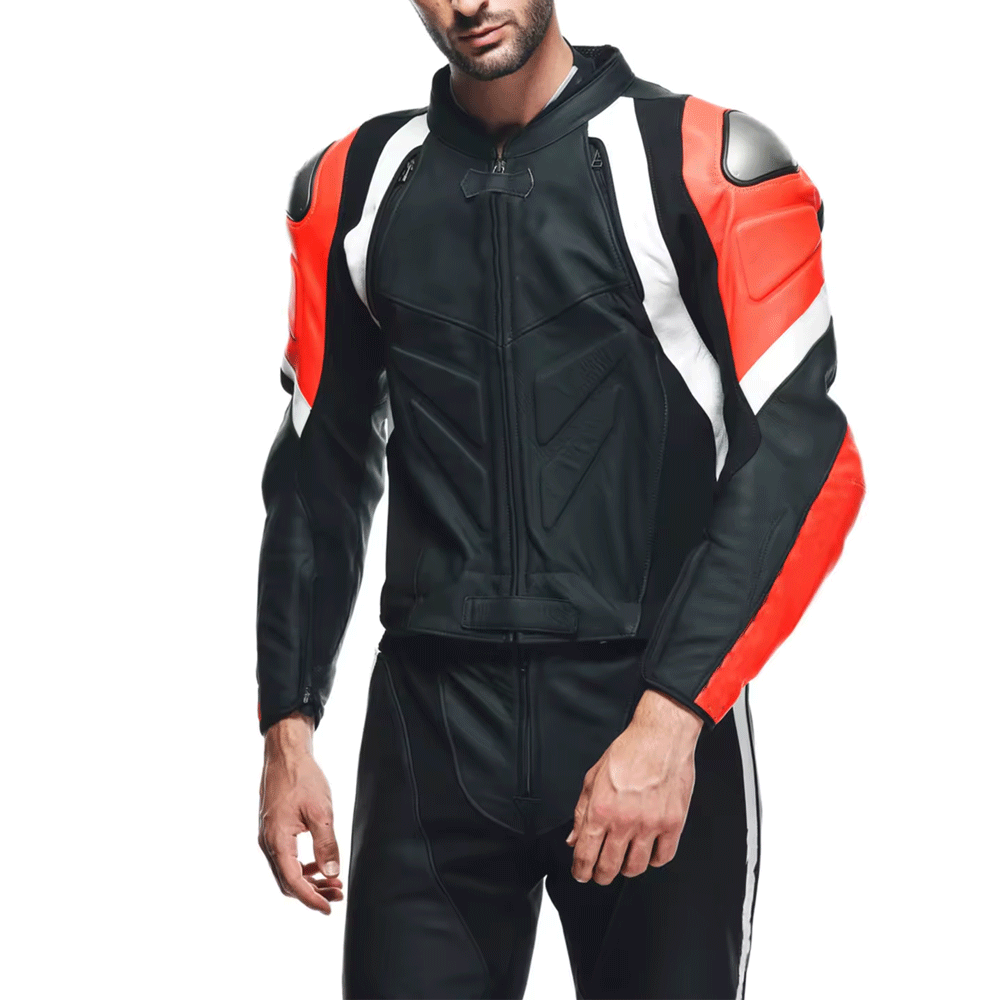 Rider wearing motorcycle leather suit